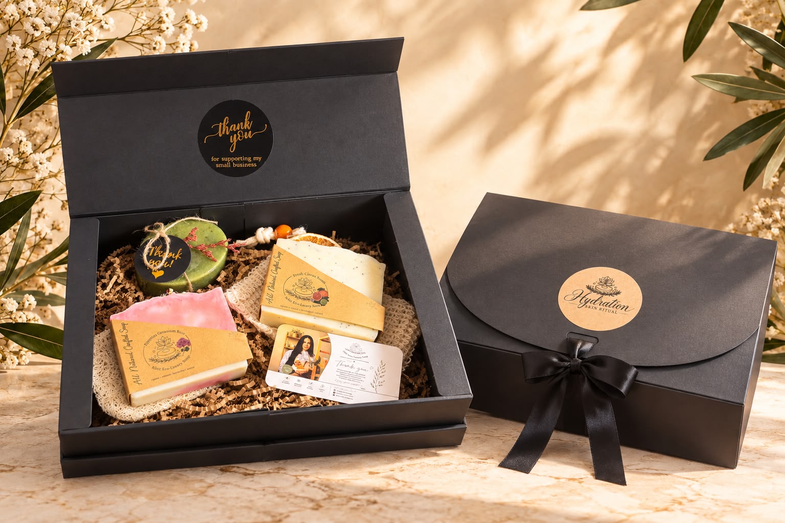 Hydration Skin Ritual Box — open black gift box with handcrafted soaps from Ailec Eco-Luxury Soap