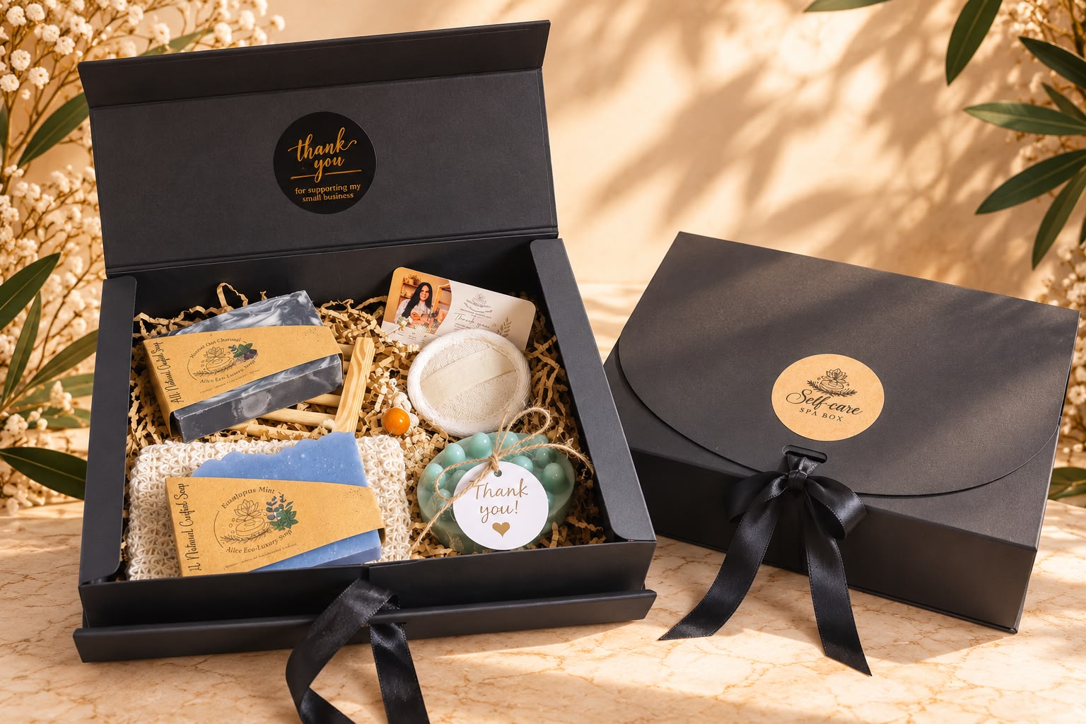 Self-Care Spa Box — open black gift box with handcrafted soaps from Ailec Eco-Luxury Soap